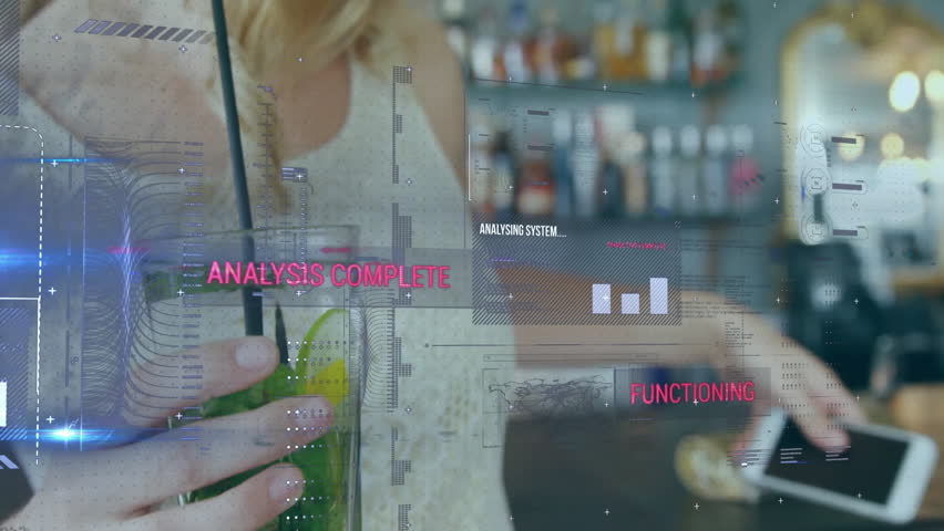 Woman unlocking smartphone showing tech overlay, placing phone on pad for payment holding cocktail. Futuristic, digital, technology, financial, innovation, modern, casual - Powered by Shutterstock - Get 15% off with code: PIKWIZARD15