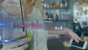 Woman unlocking smartphone showing tech overlay, placing phone on pad for payment holding cocktail. Futuristic, digital, technology, financial, innovation, modern, casual - Powered by Shutterstock - Get 15% off with code: PIKWIZARD15