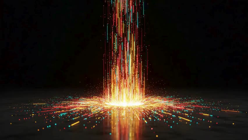 Abstract neon data stream animation with digital rain, radial burst, and flowing light trails on reflective surface. Futuristic tech motion graphics. Seamless cinematic 4K UHD loop.