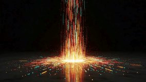 Abstract neon data stream animation with digital rain, radial burst, and flowing light trails on reflective surface. Futuristic tech motion graphics. Seamless cinematic 4K UHD loop. - Powered by Shutterstock - Get 15% off with code: PIKWIZARD15