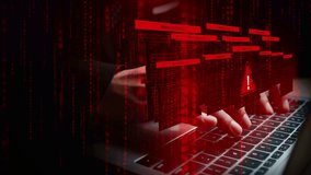 Laptop with red error detection pop-ups and binary code, symbolizing software failure, system error, malware, or cyber threat warning alerts - Powered by Shutterstock - Get 15% off with code: PIKWIZARD15