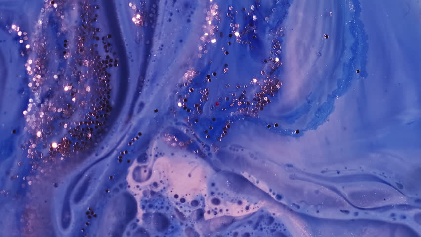 Drop fluid. Bubble paint. Blue art emulsion mix layer flow. Pink glitter fizz liquid dust abstract background fantasy water texture.