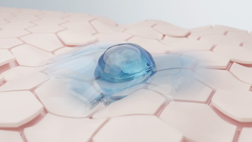 Hyaluronic acid penetrates cracked dry skin and restores skin barrier. Concept of hydration and anti-aging. 3D animation