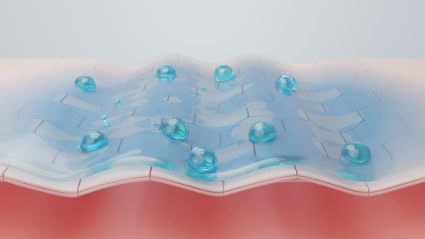 serum drop with multi-molecular weight hyaluronic acid deeply hydrating skin from the surface to the dermis, repairing the moisture barrier and plumping wrinkles for a rejuvenated glow. 3D Animation