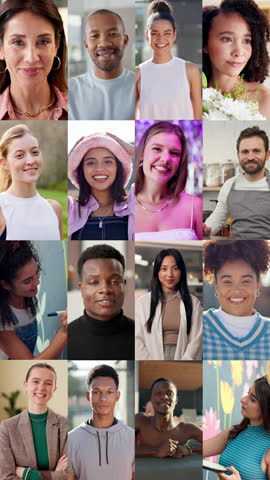 Face, people and diversity with montage series for inclusion, career pride and getaway trip. Portrait, women and men for fitness, painting mural and wedding for demographic representation at location