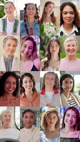 Face, happy and people with montage series for inclusion, career pride and trendy fashion. Portrait, smile and women travel for fitness, call centre and wedding of demographic representation at venue