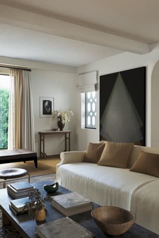 Beige sofa with elegant pillows, stylish wooden coffee table and modern floor light, perfect for contemporary home. Furniture store concept. Interior design. Copy space. Home. 3D Illustration