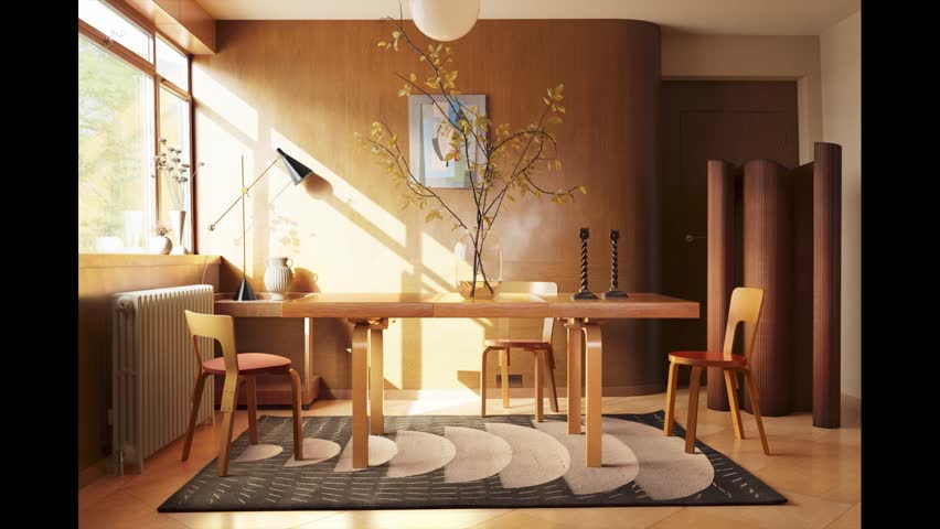Dining room interior in boho style. Modern living room interior design, planning. Wooden table, door, chair, wardrobe. Sunny day. Cozy room for lounge. Interior designer. 3D rendering.