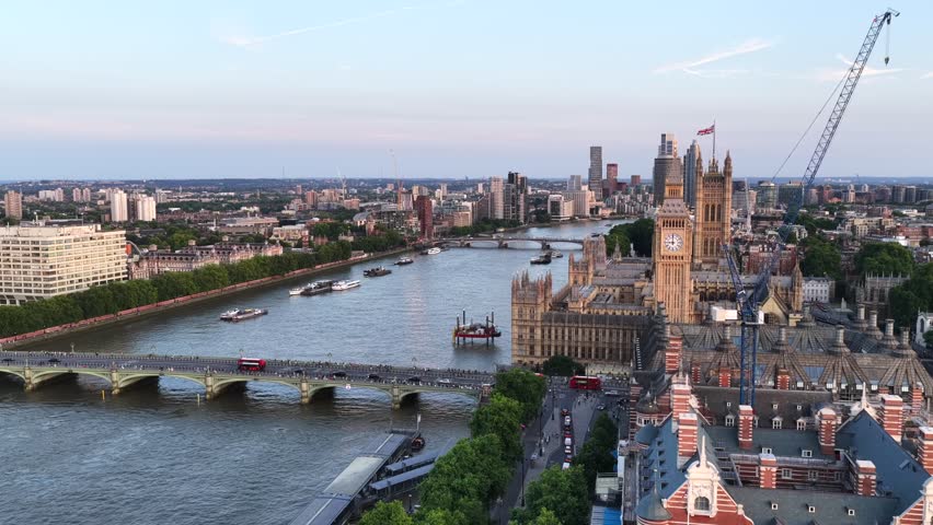 4K Aerial of London, UK by the Thames in June 2025.