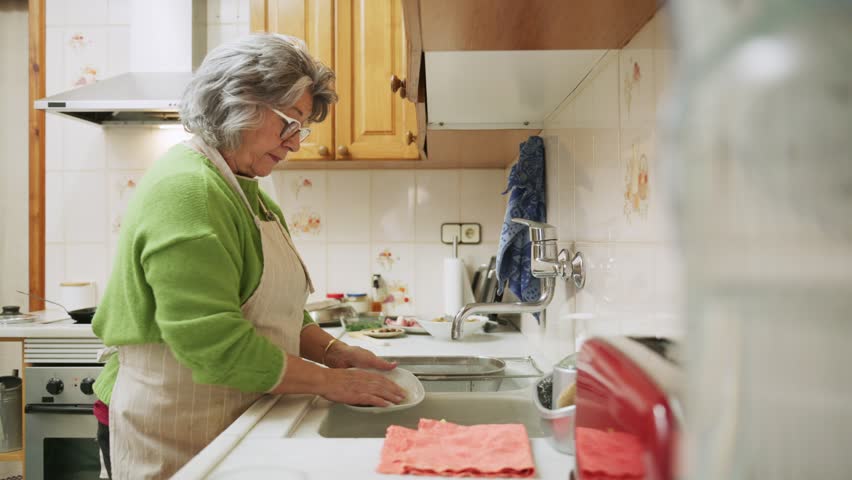 An elderly woman scrubs dishes in a warm and inviting kitchen. She is focused on her task, wearing an apron and surrounded by a tidy space. The sun casts a gentle light as she works.