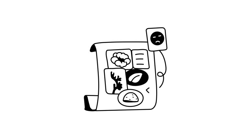 A stylized, black and white line drawing of an open book