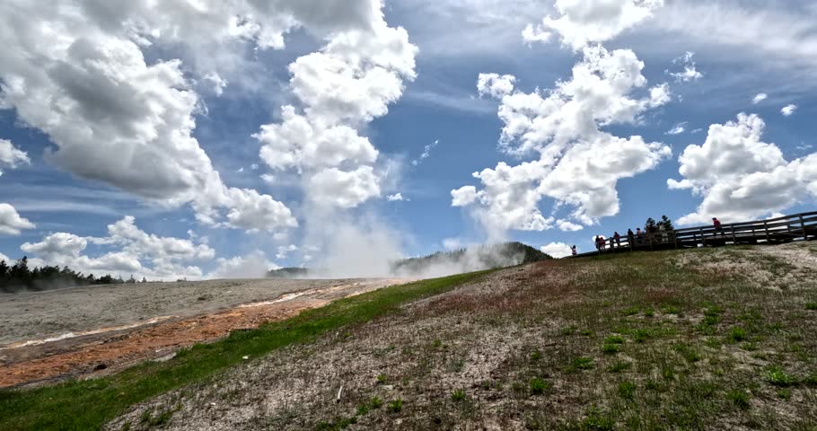 Tourist POV Visiting Yellowstone National Park In Wyoming, USA (Upper Geyser Basin); Summer Travel And Tourism.
