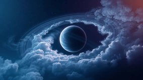 A mystical gas giant planet encircled by swirling blue and white clouds, reminiscent of an eye in space.4k - Powered by Shutterstock - Get 15% off with code: PIKWIZARD15