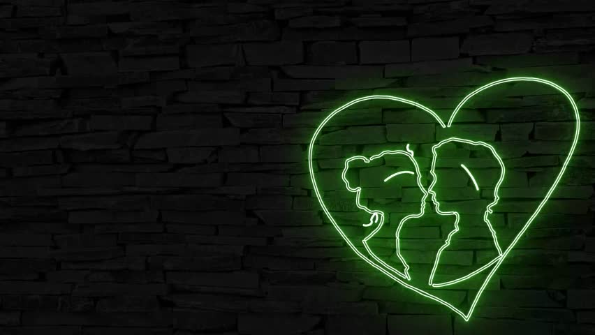 Lovers silhouette in heart neon sign on dark brick wall illuminated 3d illustration, 10s 4k video animation, flickering, special effects, add your own text and send by email text, use for social media