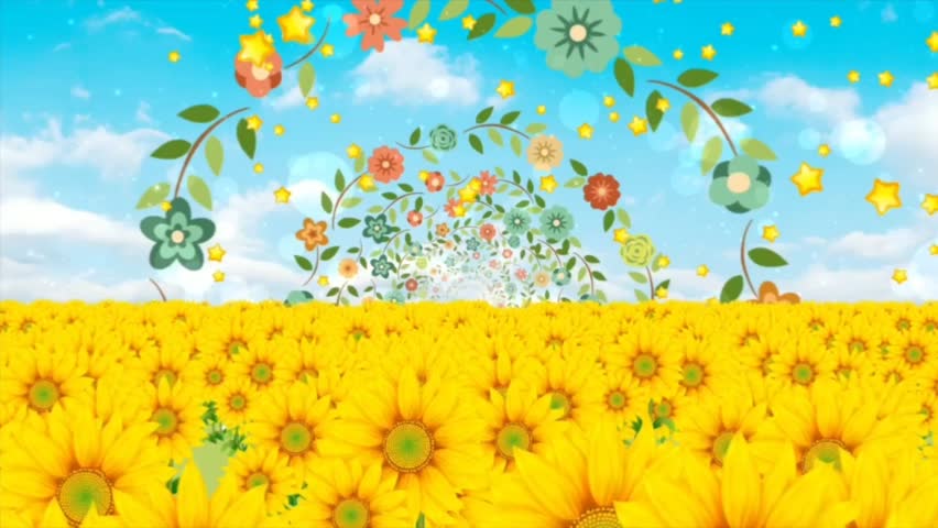 Vast field of bright yellow sunflowers under a blue sky, with a whimsical arch made of various colorful flowers and leaves. Joyful, magical nature.