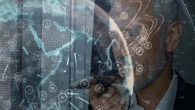 Businessman lifting smartphone and speaking into microphone to analyze rotating digital globe. Technology, communication, data, digital, innovation, wearable, futuristic - Powered by Shutterstock - Get 15% off with code: PIKWIZARD15