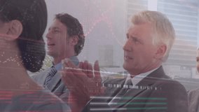 Presentation ending sparking business execs applauding with data charts pulsing and blonde joining. Professional, collaboration, digital, analysis, modern, network, growth - Powered by Shutterstock - Get 15% off with code: PIKWIZARD15