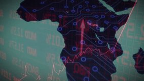 Upon loading Africa map tracing neon circuits and pulsing red arrows representing market growth. Technology, data, innovation, digital, analytics, connectivity, futuristic - Powered by Shutterstock - Get 15% off with code: PIKWIZARD15