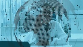 Senior male scientist touching holographic globe, rotating data visualization for tech research. Technology, innovation, science, data analysis, visualization, research, digitization - Powered by Shutterstock - Get 15% off with code: PIKWIZARD15