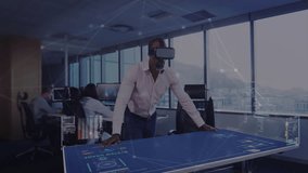 Mature male wearing VR headset gesturing on table, animating holographic car model for tech demo. Technology, innovation, collaboration, futurism, digital, enterprise, visualization - Powered by Shutterstock - Get 15% off with code: PIKWIZARD15