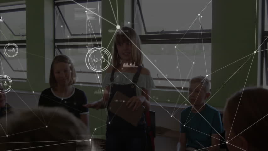 Girl rising with presentation folder presenting in classroom as classmates watching laptop screen. Education, teamwork, confidence, collaboration, youth, learning, communication - Powered by Shutterstock - Get 15% off with code: PIKWIZARD15