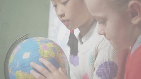 Female students spinning globe and starting network linking continents showing education connection. Children, collaboration, education, digital, connectivity, learning, classroom - Powered by Shutterstock - Get 15% off with code: PIKWIZARD15
