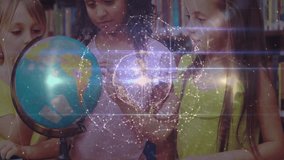 Three girls by globe, spinning to reveal area and watching network overlay pulsing for learning. Children, education, digital, connectivity, exploration, discovery, innovation - Powered by Shutterstock - Get 15% off with code: PIKWIZARD15