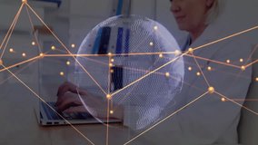 Businesswoman typing on laptop and creating glowing network nodes, rotating globe for tech demo. Technology, connectivity, innovation, digital, workspace, modern, data - Powered by Shutterstock - Get 15% off with code: PIKWIZARD15