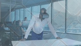 Business executive securing VR headset and exploring virtual interface for technology design review. Technology, innovation, collaboration, futurism, professional, workplace, urban - Powered by Shutterstock - Get 15% off with code: PIKWIZARD15