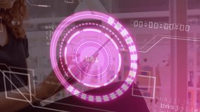 Female professional tapping and swiping tablet interface, updating pink holographic business data. Technology, innovation, user interface, digital, futuristic, data visualization, workspace - Powered by Shutterstock - Get 15% off with code: PIKWIZARD15