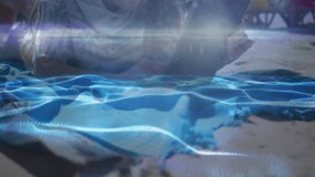 Pulsing digital waves revealing girl tapping device on beach towel with cabin backdrop in tech. Technology, digital, beach, childhood, relaxation, outdoor, vibrant - Powered by Shutterstock - Get 15% off with code: PIKWIZARD15