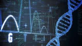 At start, DNA helix appearing right with code streams pulsing and letters morphing visualizing data. Biotechnology, digital, futuristic, data visualization, scientific, innovation, modern - Powered by Shutterstock - Get 15% off with code: PIKWIZARD15