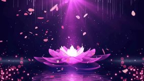 Magical animation: a luminous white pink lotus flower floats on dark water, reflecting a central purple spotlight, with falling petals and bokeh. - Powered by Shutterstock - Get 15% off with code: PIKWIZARD15