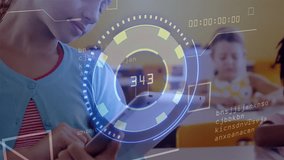 Student tapping tablet in school causing HUD rotating numbers enhancing learning smiling at camera. Technology, education, children, digital, innovation, classroom, interface - Powered by Shutterstock - Get 15% off with code: PIKWIZARD15