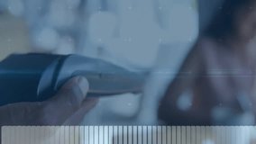 Customer tapping smartwatch near card reader, waveforms pulsing, chart updating confirming payment. Digital, commerce, modern, technology, fintech, innovative, transaction - Powered by Shutterstock - Get 15% off with code: PIKWIZARD15