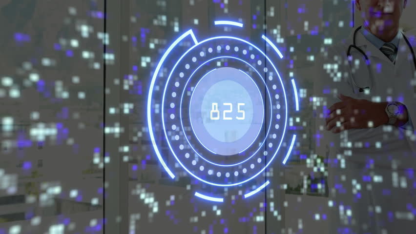 Doctor monitoring medical data as holographic interface appearing with particles rising then fading. Futuristic, healthcare, technology, innovation, data visualization, medical, professional - Powered by Shutterstock - Get 15% off with code: PIKWIZARD15