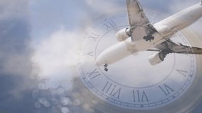 Cloudy sky with clock overlay moving hands, jet descending, gear extending, sparkles forming water. Aviation, time, reflection, sky, travel, modern, adventure - Powered by Shutterstock - Get 15% off with code: PIKWIZARD15