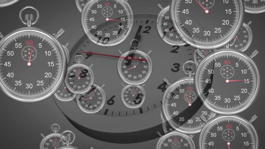 After clock face appearing small stopwatches emerging from edges and rotating for time-lapse effect. Timing, synchronization, countdown, precision, motion, measurement, concurrency