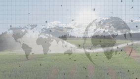 Grid forming triggers map fading, globe rotating and dots drifting to show global links over field. Geospatial, connectivity, innovation, visualization, abstract, technology, environmental - Powered by Shutterstock - Get 15% off with code: PIKWIZARD15