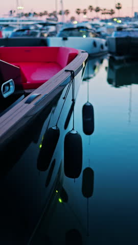 Black and red boat docked in the Port Vauban at sunset in Antibes, France. Vertical
