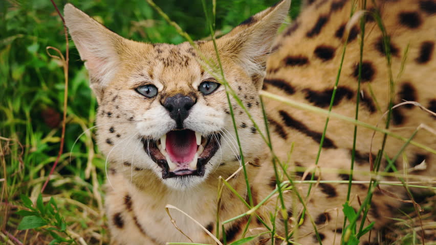 Serval crouched in tall grass with mouth slightly open and teeth exposed, showing alert expression and spotted fur in natural surroundings. High quality 4k footage