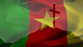 Cameroon national flag overlaying cross topped mountain ridge beginning rippling simulating breeze. Patriotism, nationalism, digital art, motion graphics, cultural symbolism, faith, stability - Powered by Shutterstock - Get 15% off with code: PIKWIZARD15