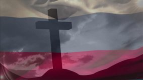 After stillness tricolor flag waving over cross silhouette revealing symbol under moving sunbeams. Monument, patriotism, serenity, spiritual, nature, symbolism, landscape - Powered by Shutterstock - Get 15% off with code: PIKWIZARD15