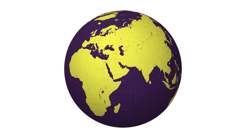 Spinning globe with a purple and bright yellow color palette. Planet rotation animation. World map with meridians, parallels, countries, rivers, and lakes. Classy video. - Powered by Shutterstock - Get 15% off with code: PIKWIZARD15
