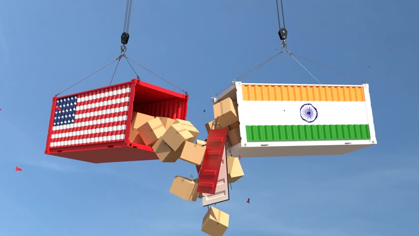 Trade conflict concept with American and India cargo containers crash