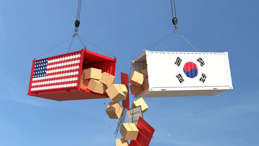 Trade conflict concept with American and South Korea cargo containers crash