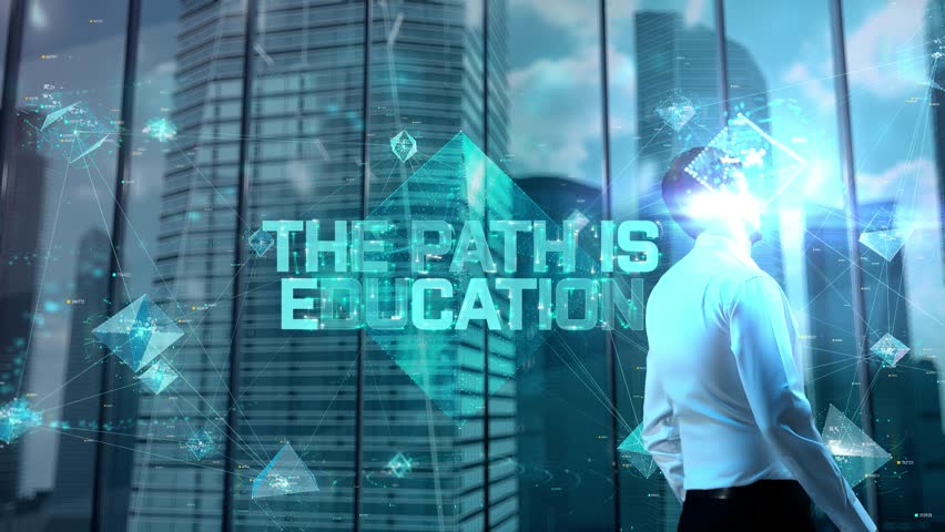 The path is education. Businessman Working in Office among Skyscrapers. Hologram Concept