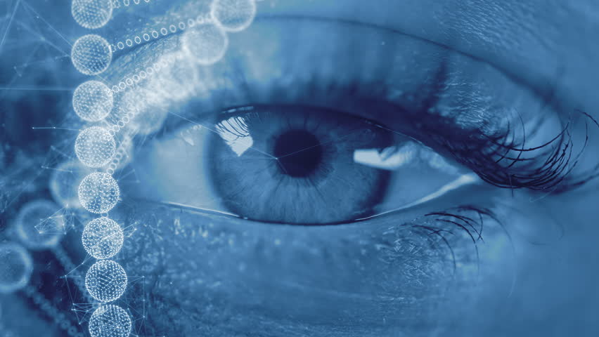 Futuristic DNA and RNA helix Over Human Eye. Biotech, Medical Innovation, Genetic Engineering, Molecular Genomic Research, Healthcare Clinical Diagnostics, Scientific Visualization. AI in Healthcare