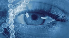 Futuristic DNA and RNA helix Over Human Eye. Biotech, Medical Innovation, Genetic Engineering, Molecular Genomic Research, Healthcare Clinical Diagnostics, Scientific Visualization. AI in Healthcare - Powered by Shutterstock - Get 15% off with code: PIKWIZARD15