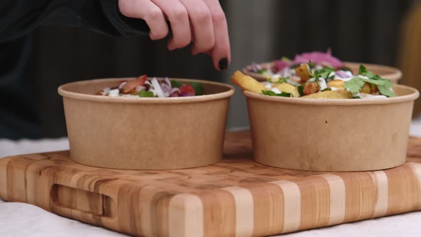 Close up of person picking up fries and eating Indian take away food from biodegradable poke bowl displayed on wooden tray.
